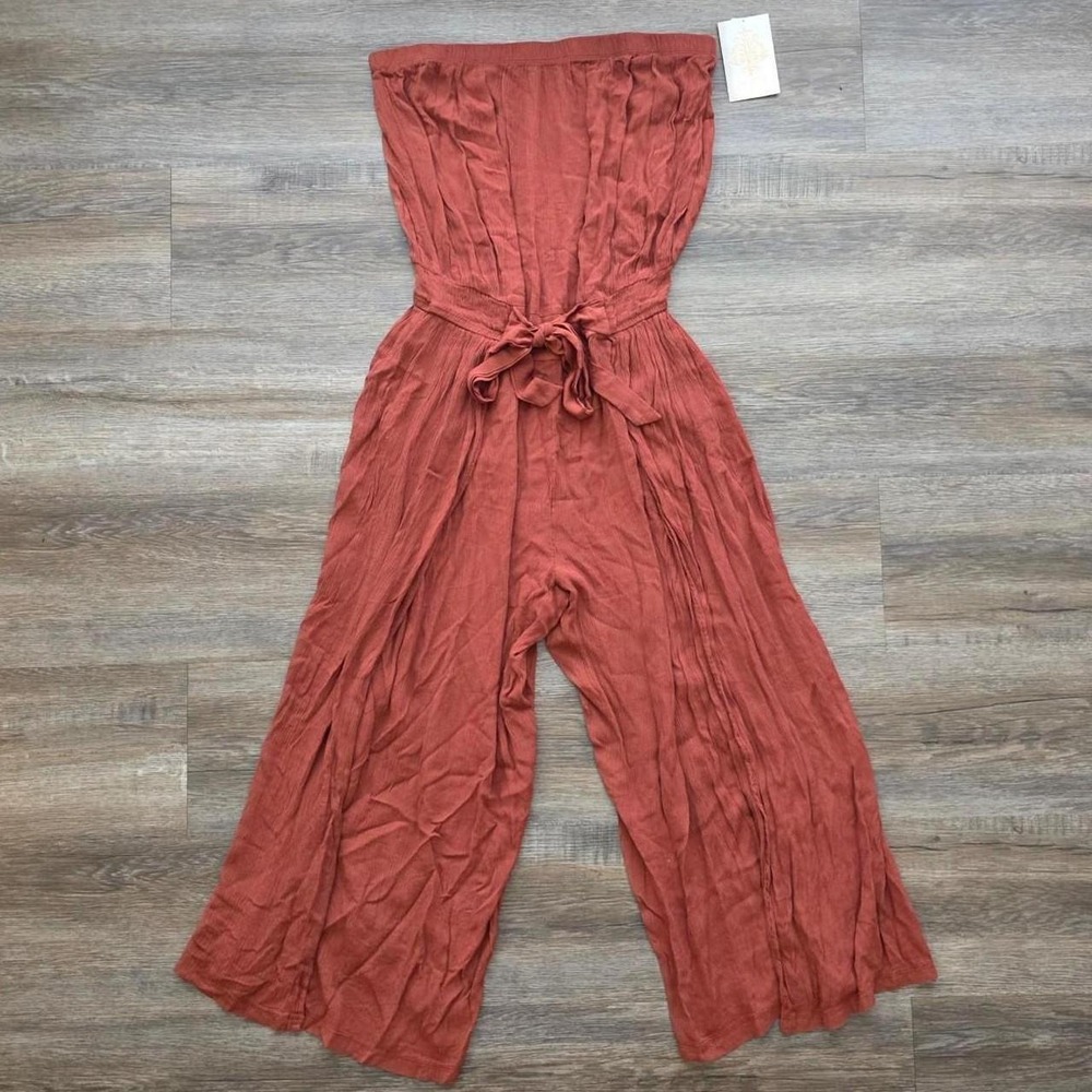 BECCA Women Bronze Orange Boho Strapless Wide Leg Slit Jumpsuit Large NWT